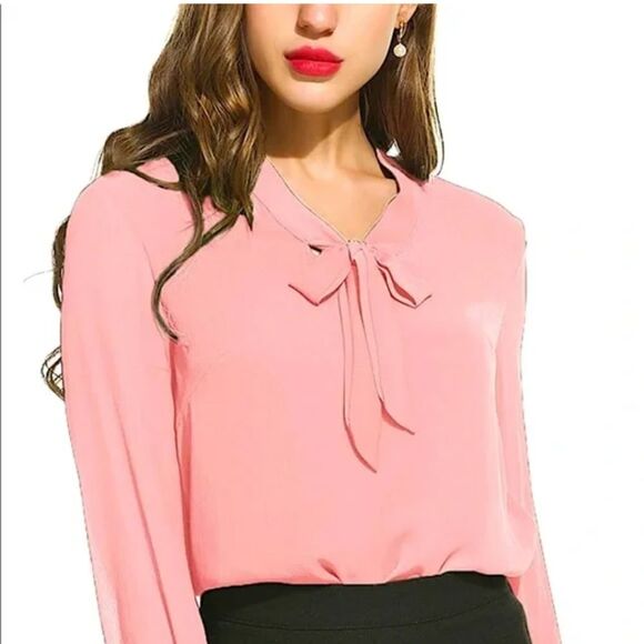 ACEVOG  Textured Chiffon Crepe Blouse MED Bow Long Sleeve Dusty Rose - Picture 10 of 12